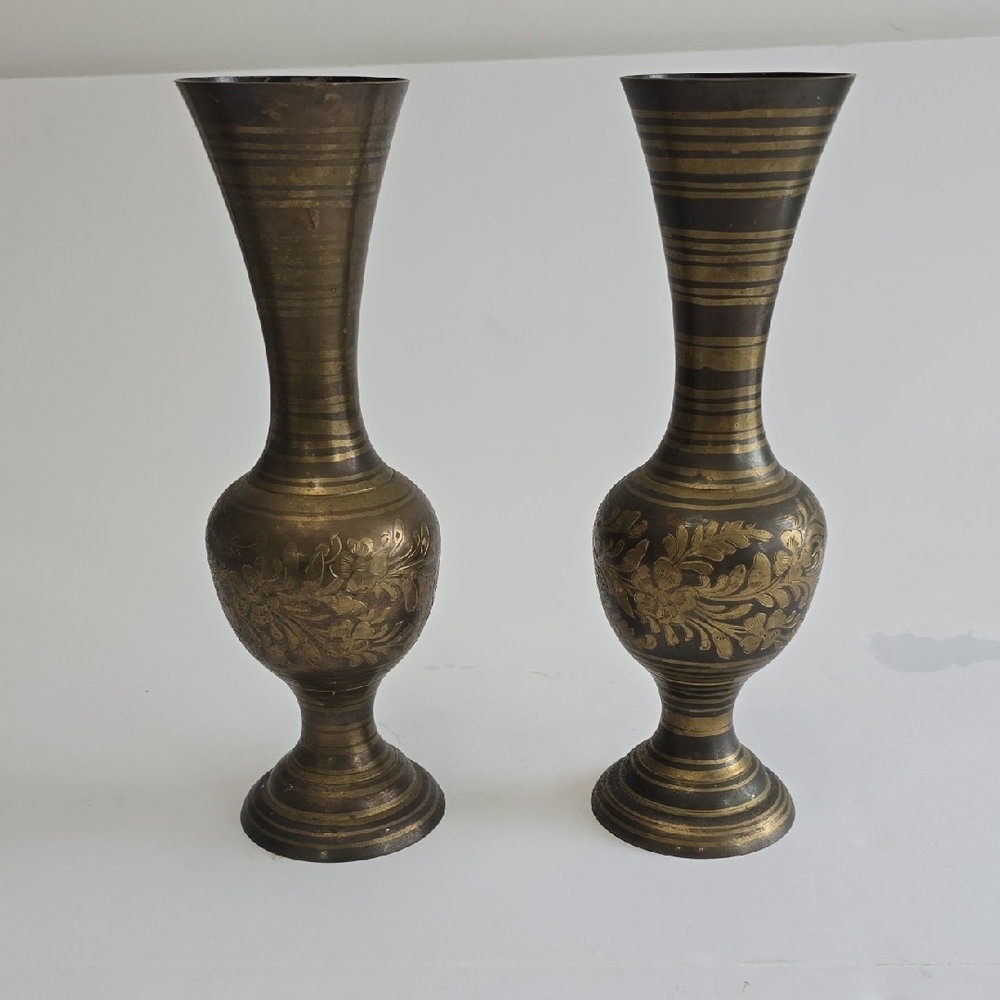 Set Of 2 Brass Floral Etched Vases 10"